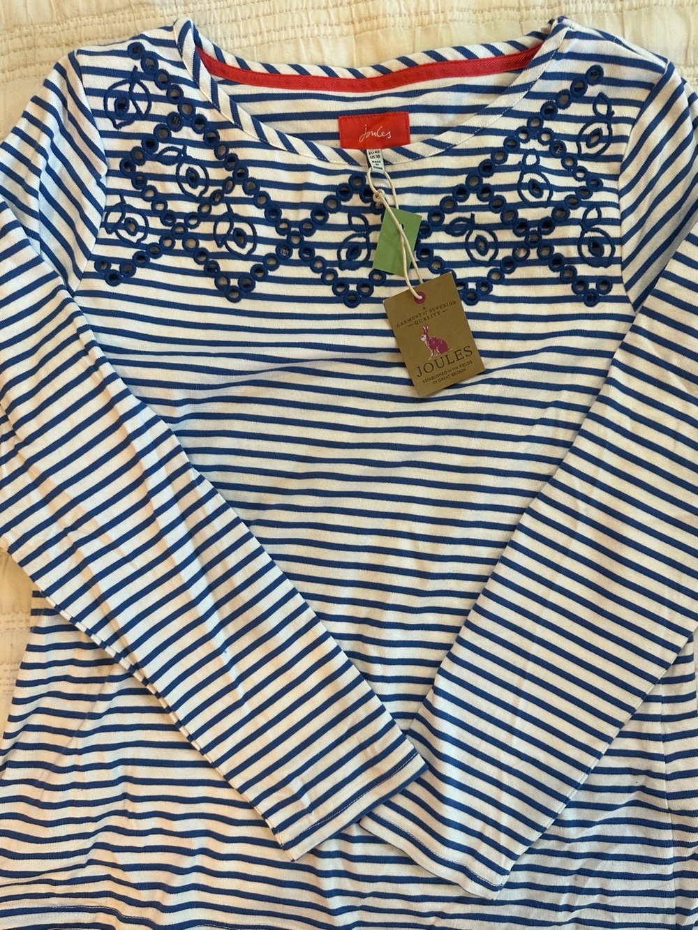 NWT Joules Blue & White Striped Long Sleeve Embroidered Boatneck Top